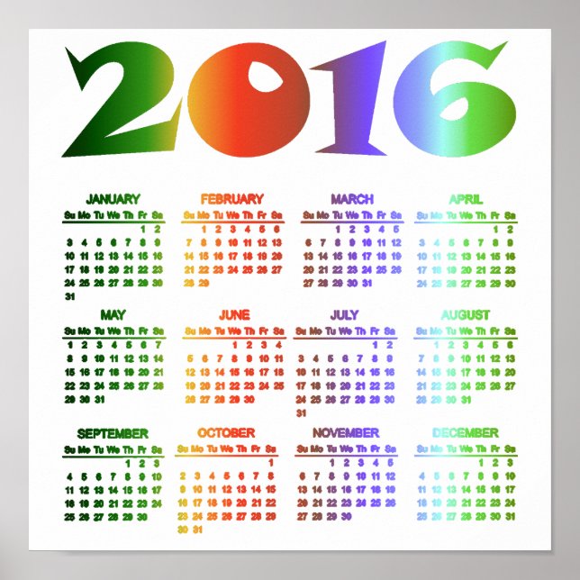Poster Calendrier Couleurs Tropicales 2016 (Devant)