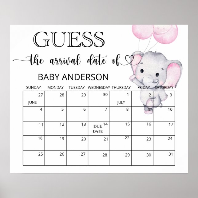 Poster Calendrier de date d'échéance de l'éléphant rose (Devant)