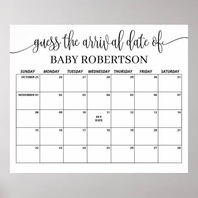 Poster Calendrier de date prévue pour Baby Shower minimal (Devant)