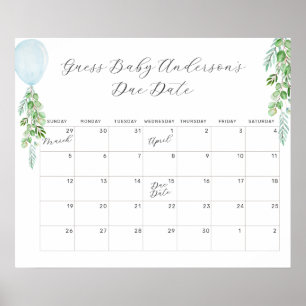 Poster Calendrier de date prévue pour bébé Eucalyptus Bal