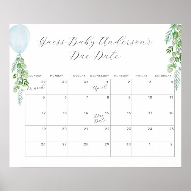 Poster Calendrier de date prévue pour bébé Eucalyptus Bal (Devant)