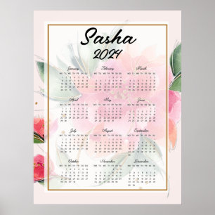 Poster Calendrier de fleurs roses personnalisé    