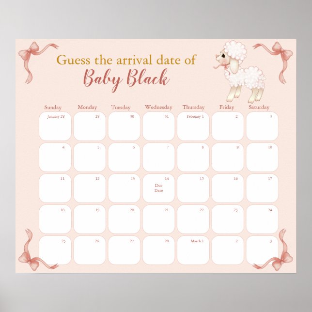 Poster Calendrier de la date prévue pour la Baby Shower R (Devant)
