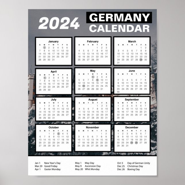 Poster Calendrier de l'Allemagne 2024 en anglais | Téléch (Devant)