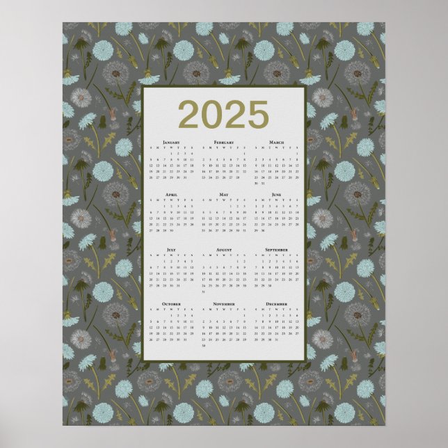 Poster Calendrier de l'année 2025 Dandelion gris bleu (Devant)
