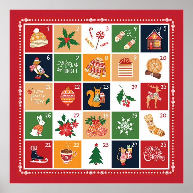 Poster Calendrier de l'Avent Joyeux Noël Poinsettia Rouge (Devant)
