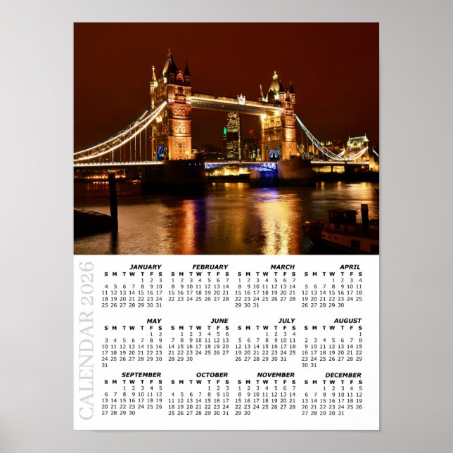 Poster Calendrier de Londres 2026, Tower Bridge la nuit / (Devant)