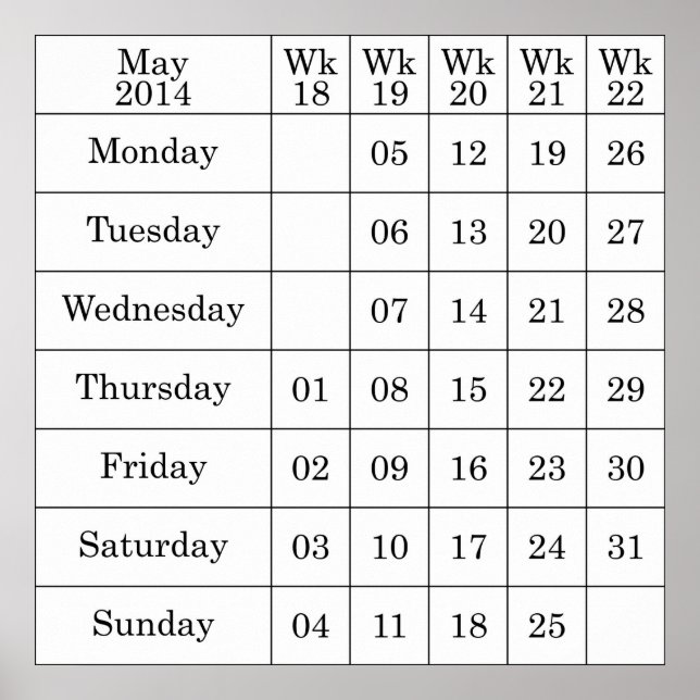 Poster Calendrier de mai 2014 semaines numérotées (Devant)