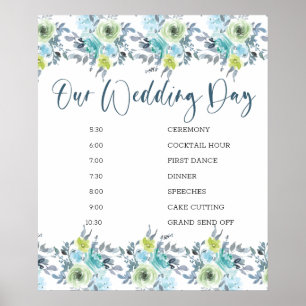 Poster Calendrier de mariage floral jaune bleu clair vert