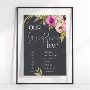 Poster Calendrier de mariage floral rose poussiéreux viol
