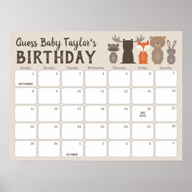 Poster Calendrier de prédiction d'anniversaire du Baby sh (Devant)