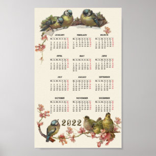 Poster Calendrier des oiseaux 2022 vintage