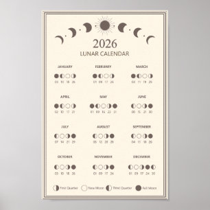 Poster Calendrier des phases lunaires 2026 Cycles lunaire