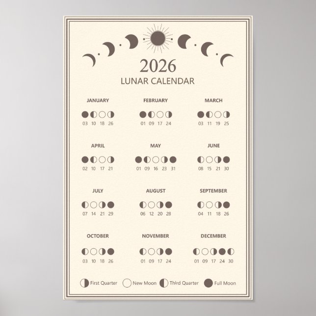 Poster Calendrier des phases lunaires 2026 Cycles lunaire (Devant)