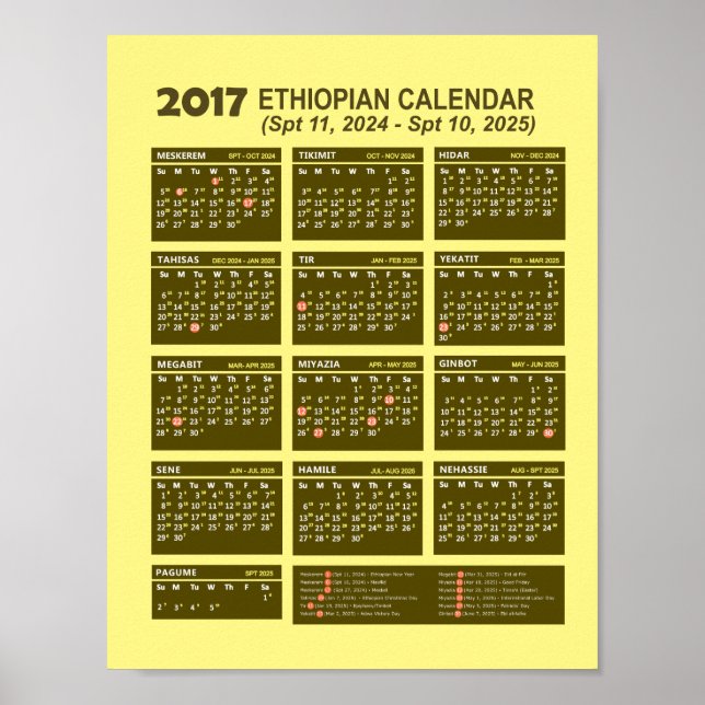 Poster Calendrier du nouvel an éthiopien 2017 2024/2025 (Devant)