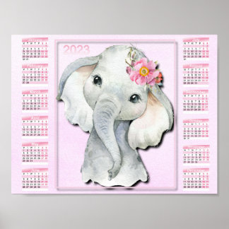 Poster Calendrier Enfants 2023, Éléphant Aquarelle, Fleur