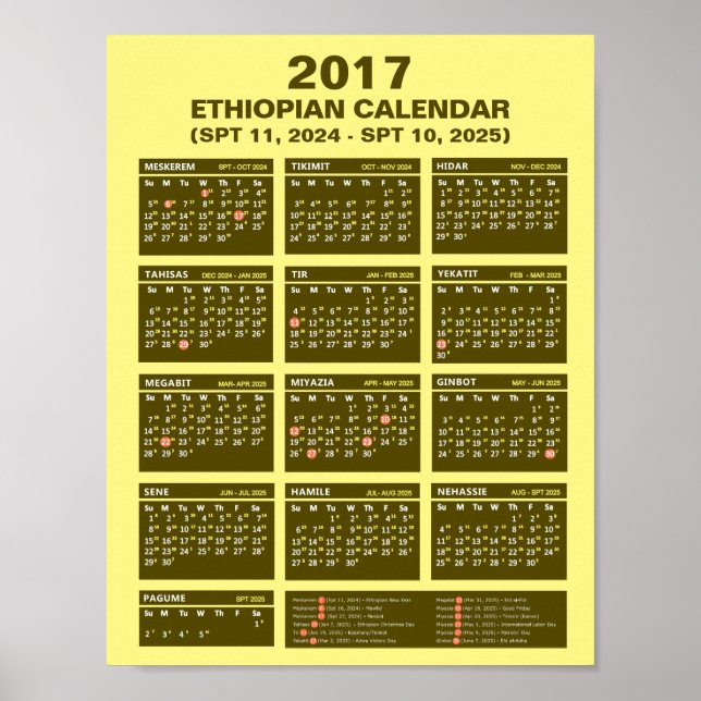 Poster Calendrier éthiopien 2017 pour l'année 2024 et 202 (Devant)