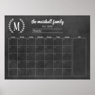 Poster Calendrier familial mensuel à monogramme sur table