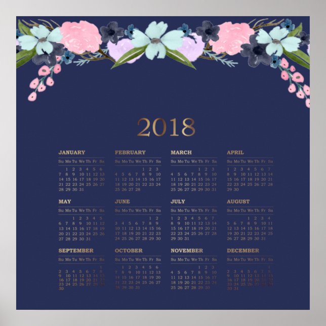 Poster Calendrier floral aquarelle moderne 2018 (Devant)