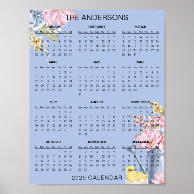 Poster Calendrier floral élégant et simple pour 2026  |  (Devant)