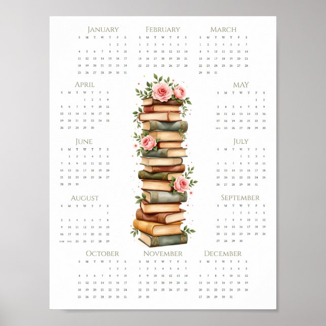 Poster Calendrier floral pour amateur de livres 2026, imp (Devant)
