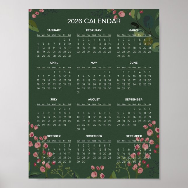 Poster Calendrier floral simple mais élégant 2026 |  (Devant)