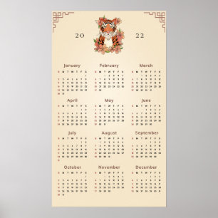 Poster Calendrier Floral Tigre Nouvel An Chinois 2022 Sab