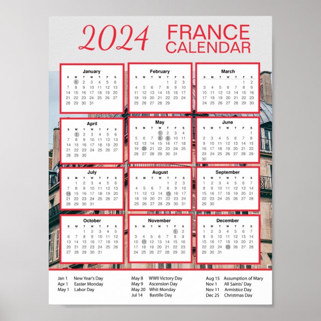 Poster Calendrier France 2024 en anglais Télécharger Pdf  (Devant)
