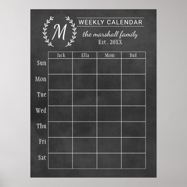 Poster Calendrier hebdomadaire de la famille avec monogra (Devant)