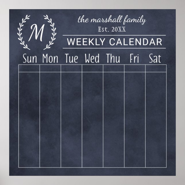 Poster Calendrier hebdomadaire personnalisé avec monogram (Devant)