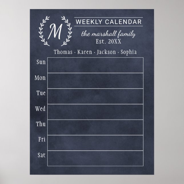 Poster Calendrier hebdomadaire personnalisé Navy Chalkboa (Devant)