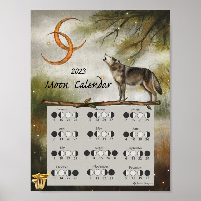 Poster CALENDRIER LUNAIRE 2023, Loup Lune Forêt Sombre, W (Devant)