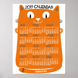 Poster Calendrier mensuel 2019 Mi-Siècle Orange Chat