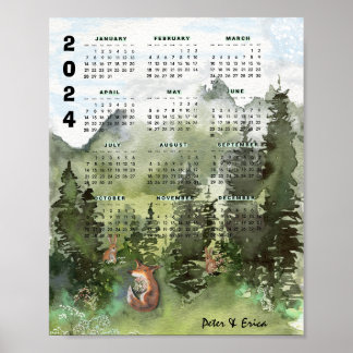 Poster Calendrier mensuel 2024 Aquarelle de forêt