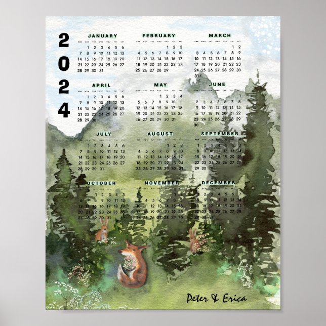 Poster Calendrier mensuel 2024 Aquarelle de forêt (Devant)