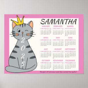 Poster Calendrier mensuel 2025 Rose mignon Nom Chat joueu