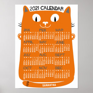 Poster Calendrier mensuel de l'année 2021 Chat orange mil