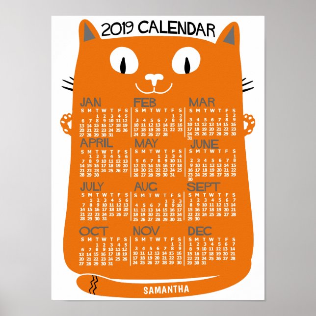 Poster Calendrier mensuel du chat orange milieu du siècle (Devant)