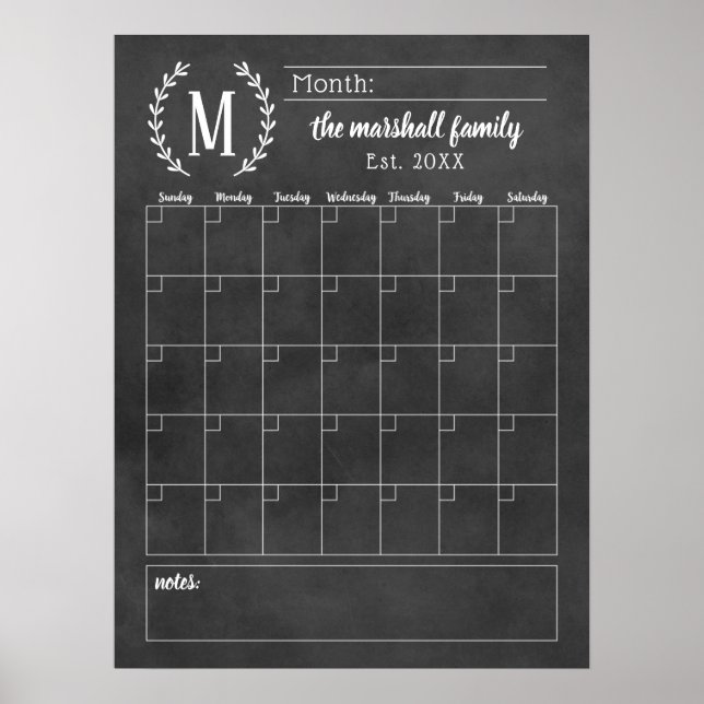 Poster Calendrier mensuel familial à monogramme sur table (Devant)