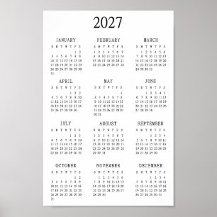 Poster Calendrier minimaliste 2027 en un coup d'œil