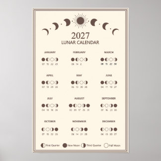 Poster Calendrier minimaliste des phases lunaires 2027