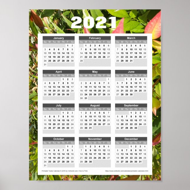 Poster Calendrier mural 2021. Feuilles vertes (Devant)