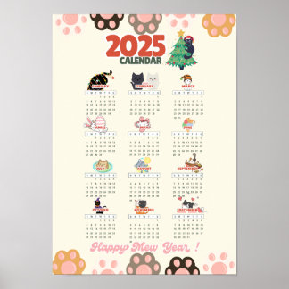 Poster Calendrier mural Bonne année du chat 2025 pour les