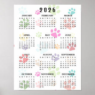 Poster Calendrier mural Empreintes de pattes colorées 202