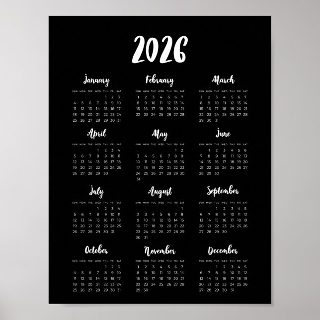 Poster Calendrier noir 2025 moderne (Devant)