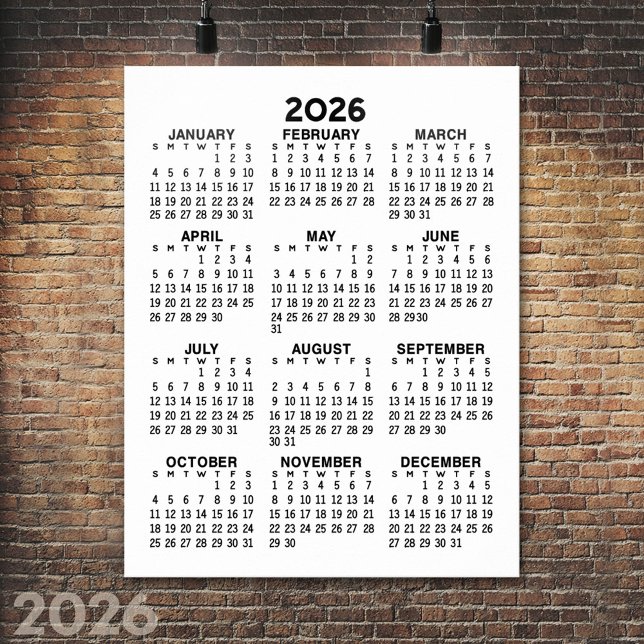 Poster Calendrier - Noir et Blanc Minimal de Base (2026 Calendar Poster)
