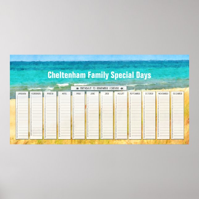 Poster Calendrier perpétuel d'anniversaire d'été de plage (Devant)