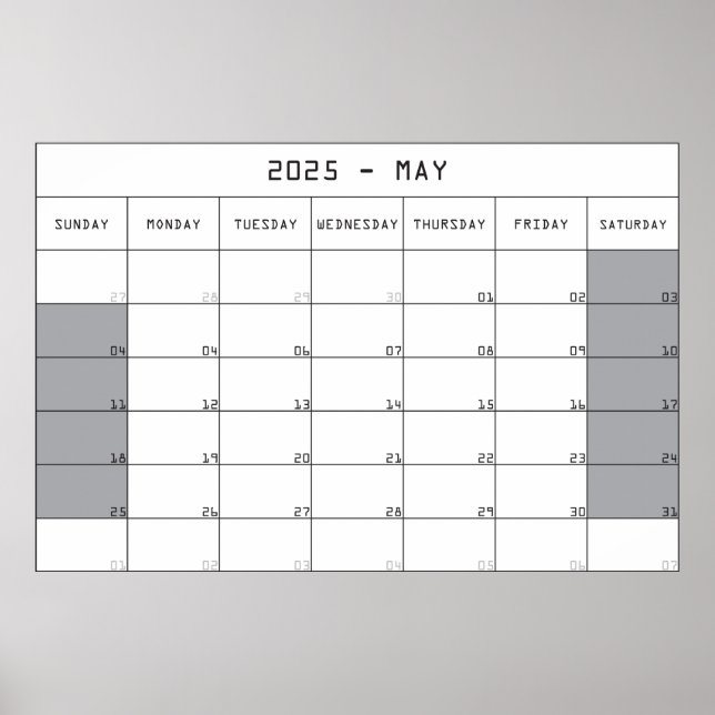 Poster calendrier planificateur 2025 mai grand espace de  (Devant)