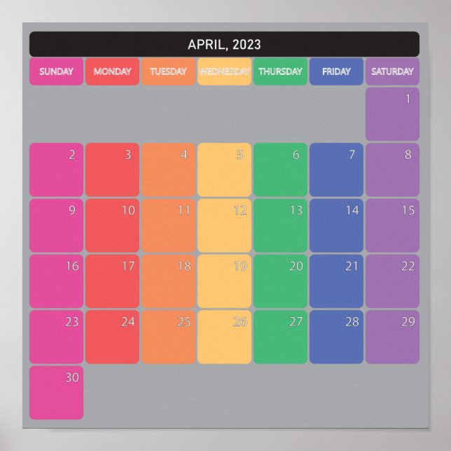 Poster Calendrier planificateur d'avril 2023 coloré par j (Devant)