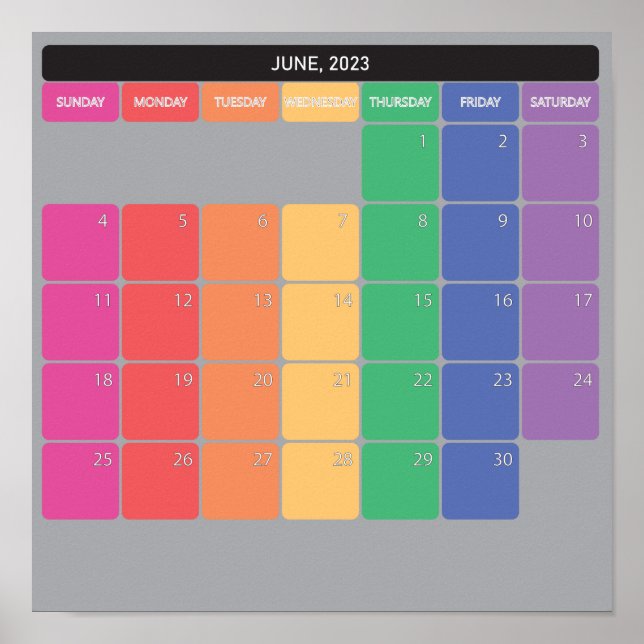 Poster calendrier planificateur juin 2023 jours de couleu (Devant)